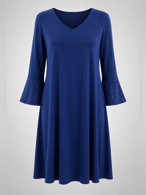 Quacker Factory Stretch Knit Dress with Rhinestone Bell Sleeves -Royal Blue